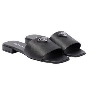 Prada Saffiano Triangle Logo Plaque Slide Flat Sandal Black Size 36.5